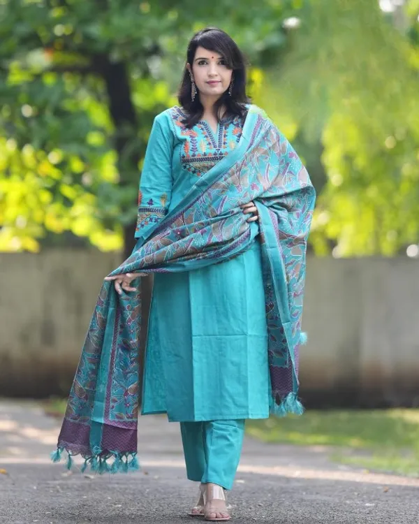 Blue_Embroidery_Cotton_Kurta_Pant_And_Dupatta_Set_For_Women