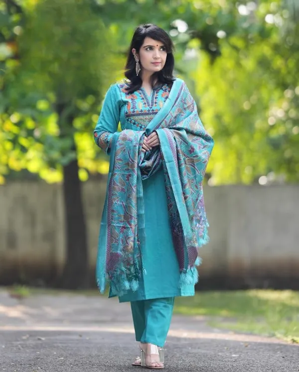 Blue_Embroidery_Cotton_Kurta_Pant_And_Dupatta_Set_For_Women