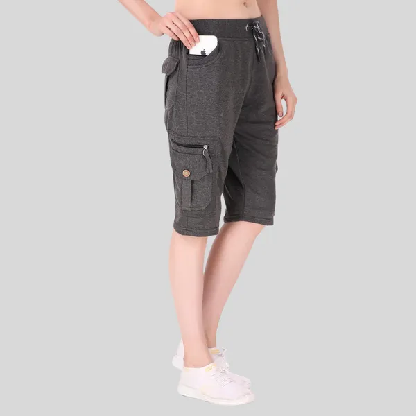 Dark_Melange_Cargo_Capri_Shorts_With_9_Zippered_Pockets_For_Women_&_Girls