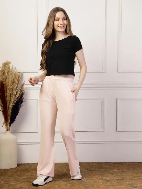 Misty_Rose_Ribbed_Stretchable_Bell_Bottom_Trouser_With_Elasticated_Drawstring_Waist_&_Side_Pocket_For_Women_&_Girls