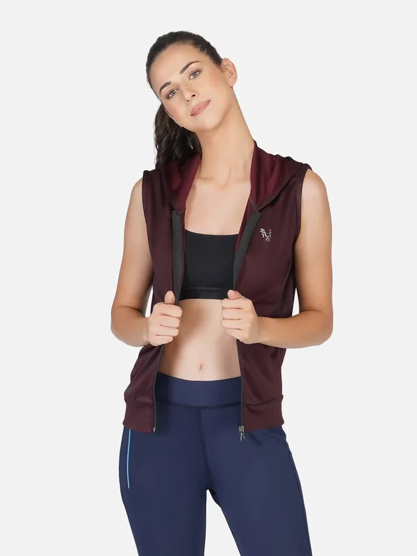 Wine_Sleeveless_Hooded_Training_Sports_Gym_Jacket_For_Women_&_Girls