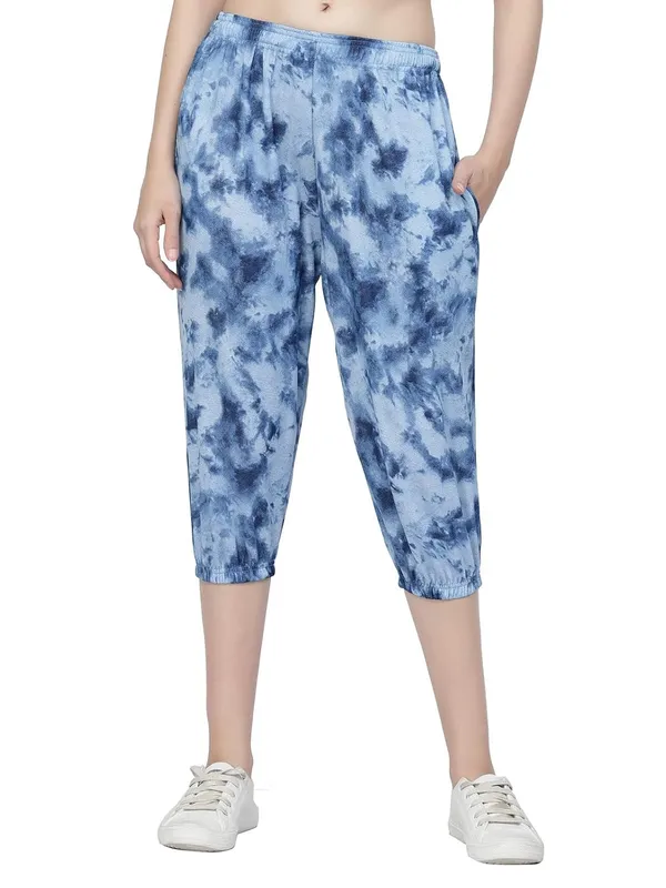 Blue_Animal_Print_Tie-Dye_Strechable_Capri_3/4Th_Shorts_For_Women_&_Girls