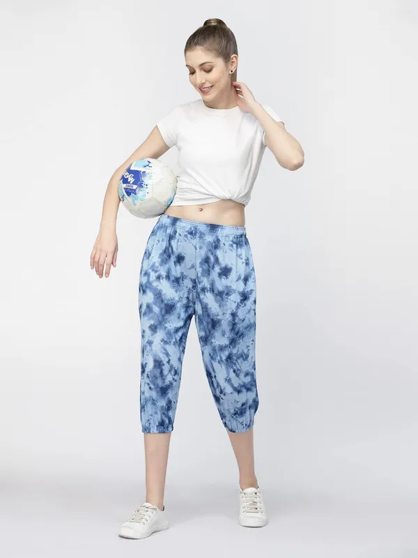 Blue_Animal_Print_Tie-Dye_Strechable_Capri_3/4Th_Shorts_For_Women_&_Girls