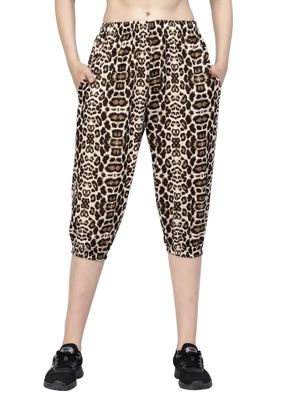 Brown_Animal_Print_Tie-Dye_Strechable_Capri_3/4Th_Shorts_For_Women_&_Girls