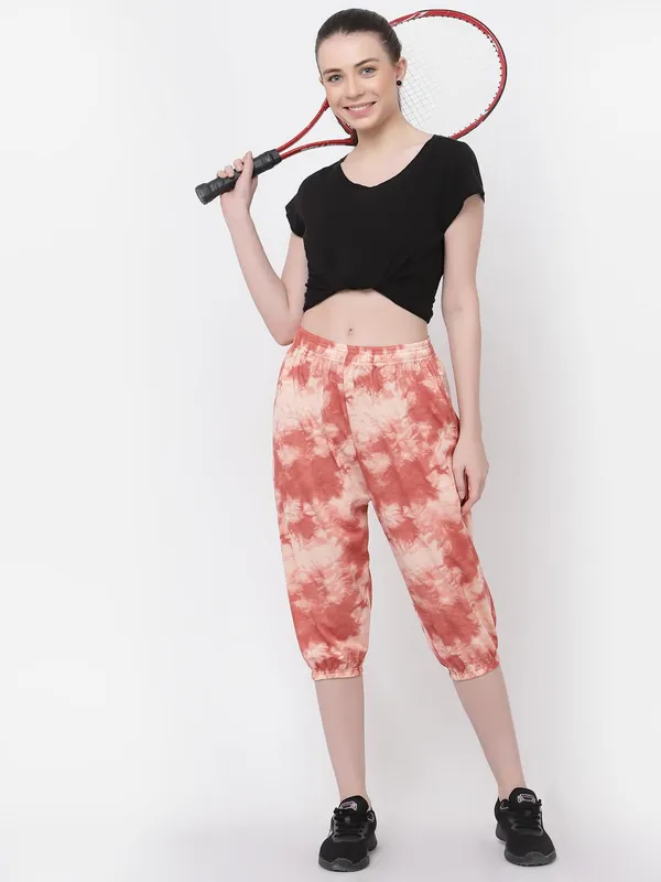 Peach_Animal_Print_Tie-Dye_Strechable_Capri_3/4Th_Shorts_For_Women_&_Girls