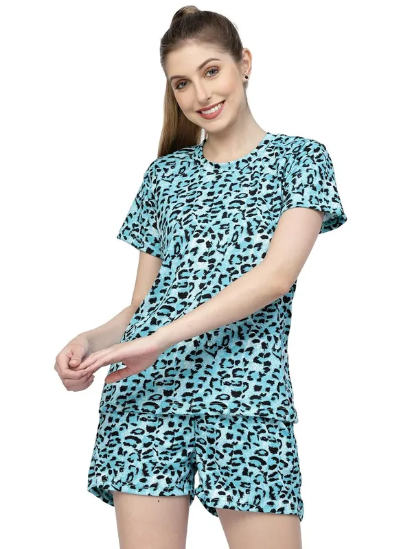 Aqua_Animal_Print_Tie-Dye_Half_Sleeve_T-Shirt_&_Shorts_Night_Suit_Set_For_Women_&_Girls