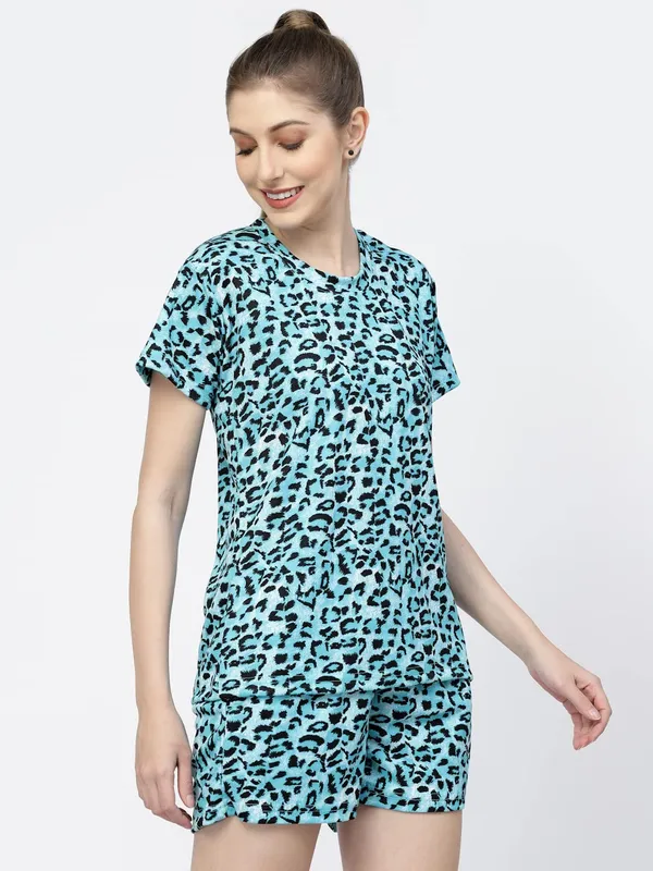 Aqua_Animal_Print_Tie-Dye_Half_Sleeve_T-Shirt_&_Shorts_Night_Suit_Set_For_Women_&_Girls