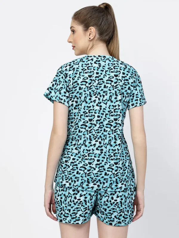 Aqua_Animal_Print_Tie-Dye_Half_Sleeve_T-Shirt_&_Shorts_Night_Suit_Set_For_Women_&_Girls