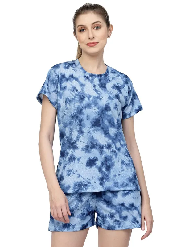 Blue_Animal_Print_Tie-Dye_Half_Sleeve_T-Shirt_&_Shorts_Night_Suit_Set_For_Women_&_Girls