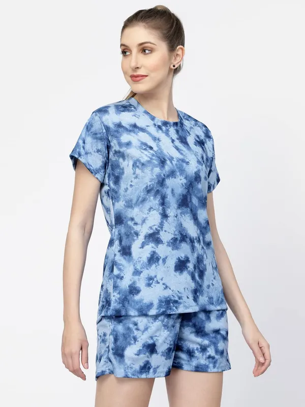 Blue_Animal_Print_Tie-Dye_Half_Sleeve_T-Shirt_&_Shorts_Night_Suit_Set_For_Women_&_Girls