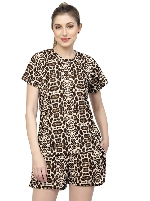 Brown_Animal_Print_Tie-Dye_Half_Sleeve_T-Shirt_&_Shorts_Night_Suit_Set_For_Women_&_Girls