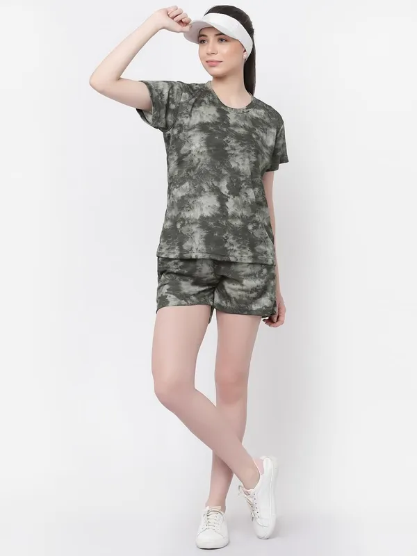 Green_Animal_Print_Tie-Dye_Half_Sleeve_T-Shirt_&_Shorts_Night_Suit_Set_For_Women_&_Girls