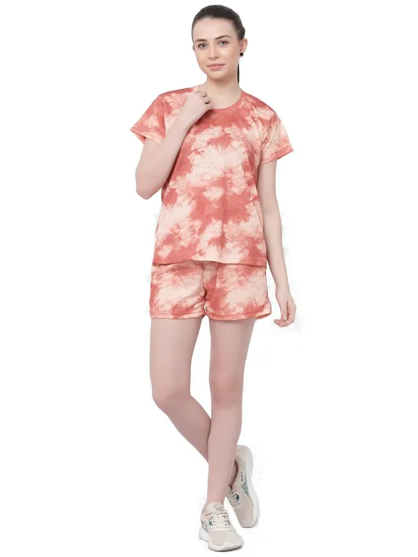 Peach_Animal_Print_Tie-Dye_Half_Sleeve_T-Shirt_&_Shorts_Night_Suit_Set_For_Women_&_Girls