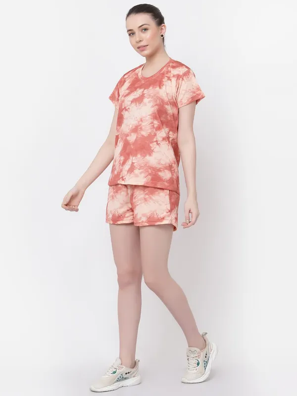 Peach_Animal_Print_Tie-Dye_Half_Sleeve_T-Shirt_&_Shorts_Night_Suit_Set_For_Women_&_Girls