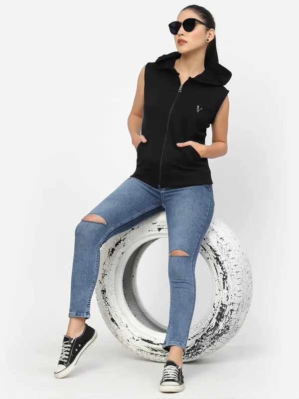 Black_Half_Sleeves_Cotton_Jacket_With_Hood_For_Women_&_Girls
