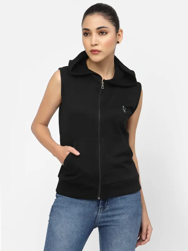 Black_Half_Sleeves_Cotton_Jacket_With_Hood_For_Women_&_Girls