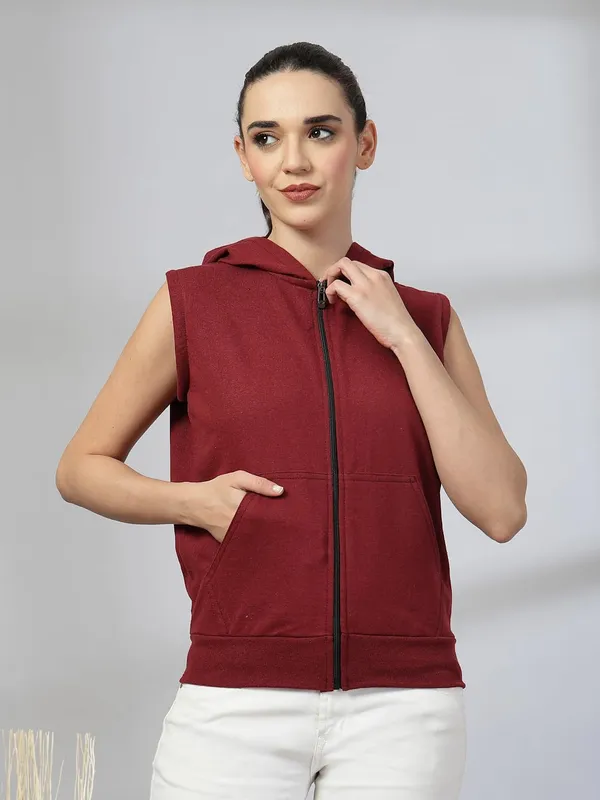 Wine_Cotton_Blend_Standard_Length_Jacket_For_Women_&_Girls