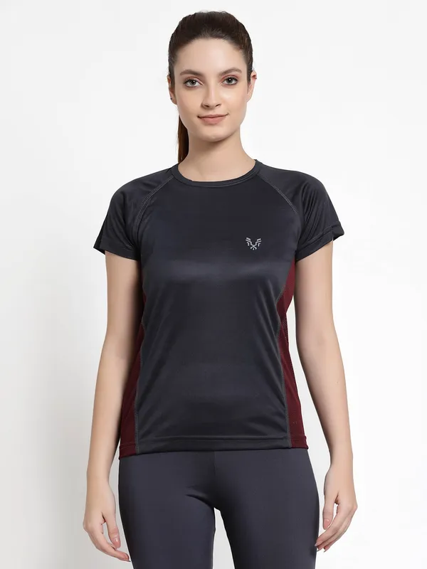 Stone_Grey__Roundneck_Polyester_T-Shirt_For_Women