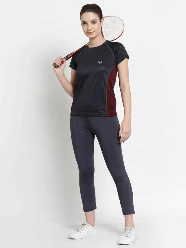 Stone_Grey__Roundneck_Polyester_T-Shirt_For_Women