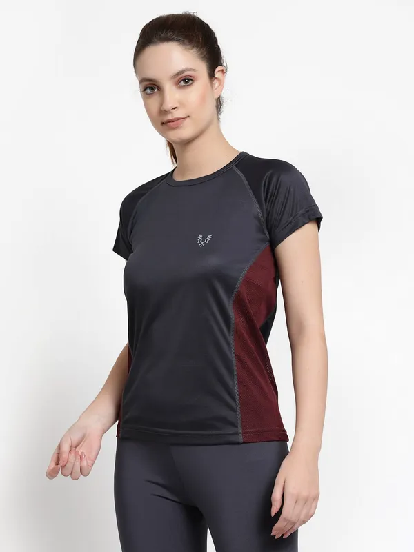 Stone_Grey__Roundneck_Polyester_T-Shirt_For_Women