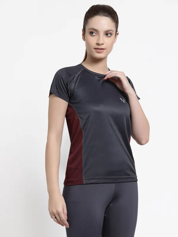 Stone_Grey__Roundneck_Polyester_T-Shirt_For_Women