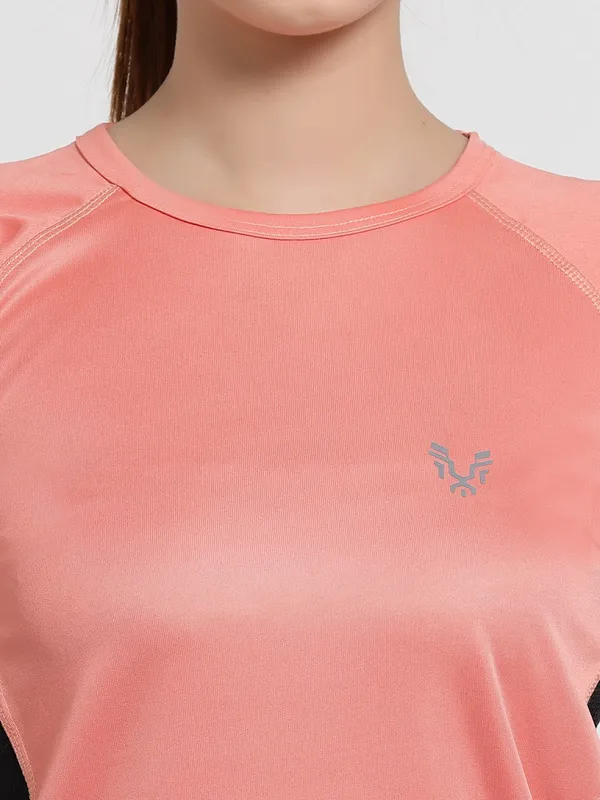 Peach__Roundneck_Polyester_T-Shirt_For_Women