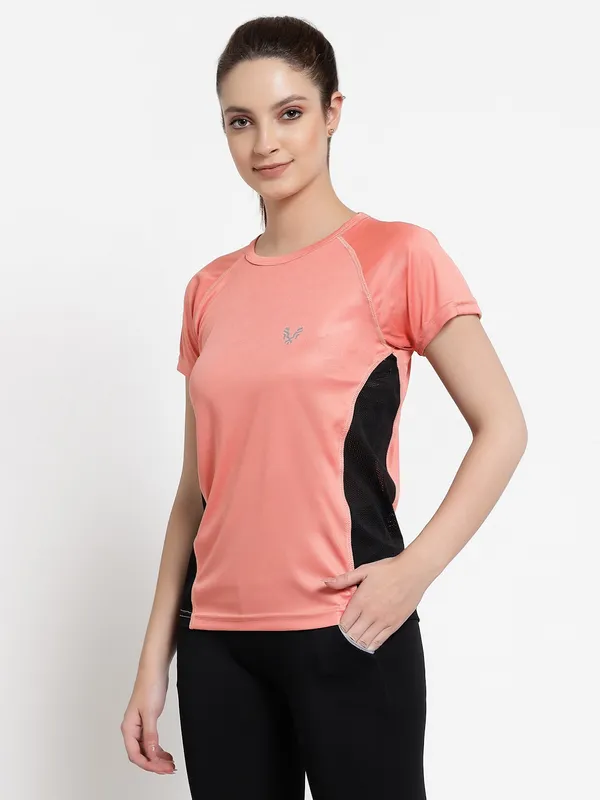 Peach__Roundneck_Polyester_T-Shirt_For_Women