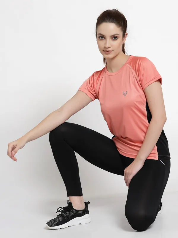 Peach__Roundneck_Polyester_T-Shirt_For_Women
