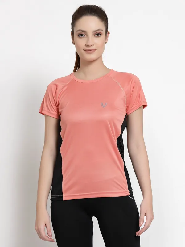 Peach__Roundneck_Polyester_T-Shirt_For_Women
