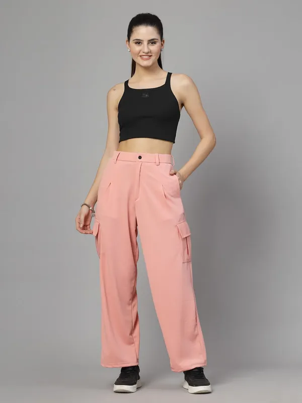 Peach_Relaxed_Fit_Cargo_Trouser_4_Pockets_Baggy_Pants_For_Women_&_Girls