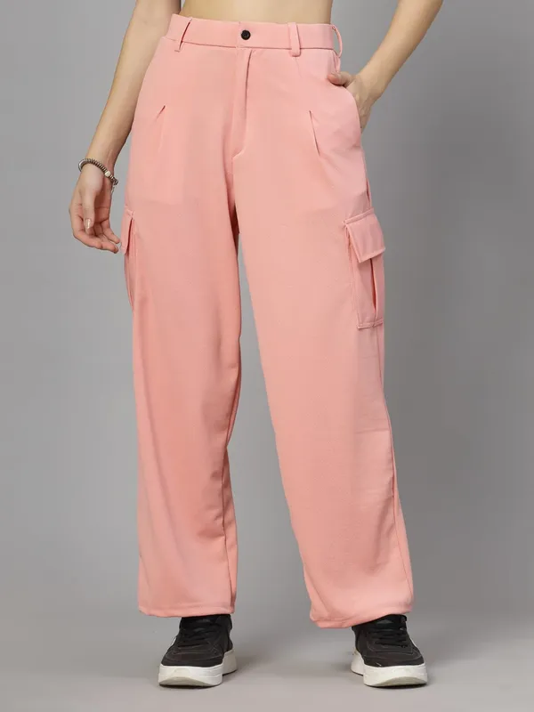 Peach_Relaxed_Fit_Cargo_Trouser_4_Pockets_Baggy_Pants_For_Women_&_Girls