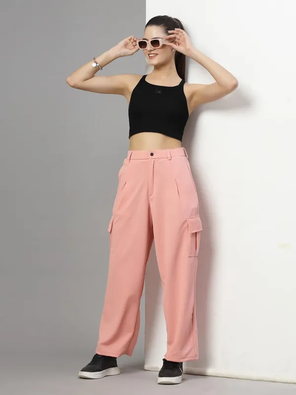 Peach_Relaxed_Fit_Cargo_Trouser_4_Pockets_Baggy_Pants_For_Women_&_Girls