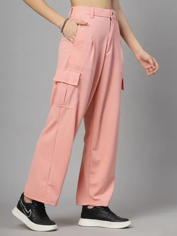 Peach_Relaxed_Fit_Cargo_Trouser_4_Pockets_Baggy_Pants_For_Women_&_Girls