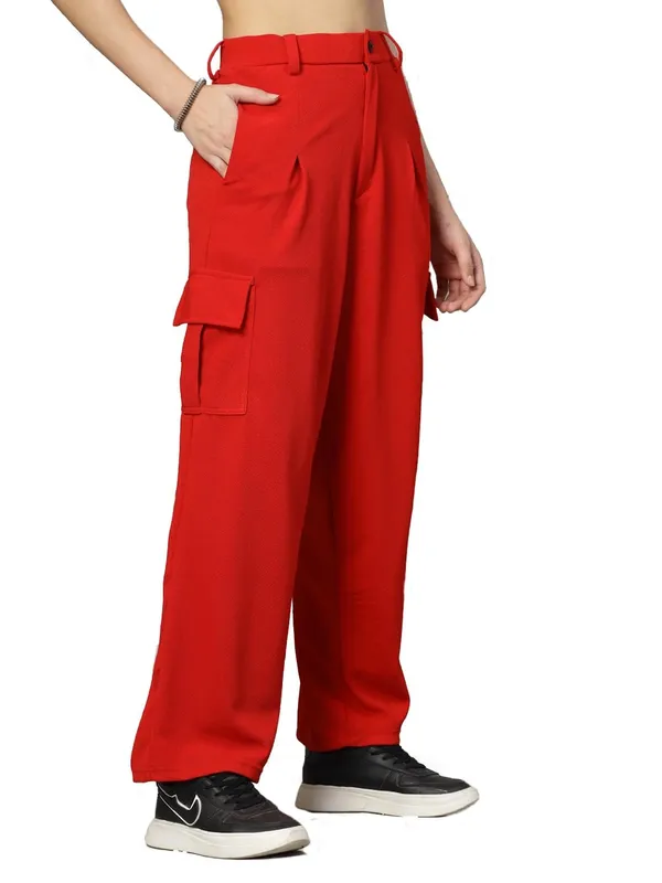 Red_Relaxed_Fit_Cargo_Trouser_4_Pockets_Baggy_Pants_For_Women_&_Girls