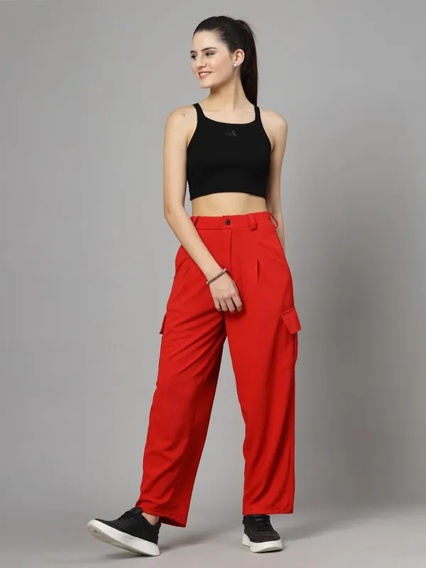 Red_Relaxed_Fit_Cargo_Trouser_4_Pockets_Baggy_Pants_For_Women_&_Girls
