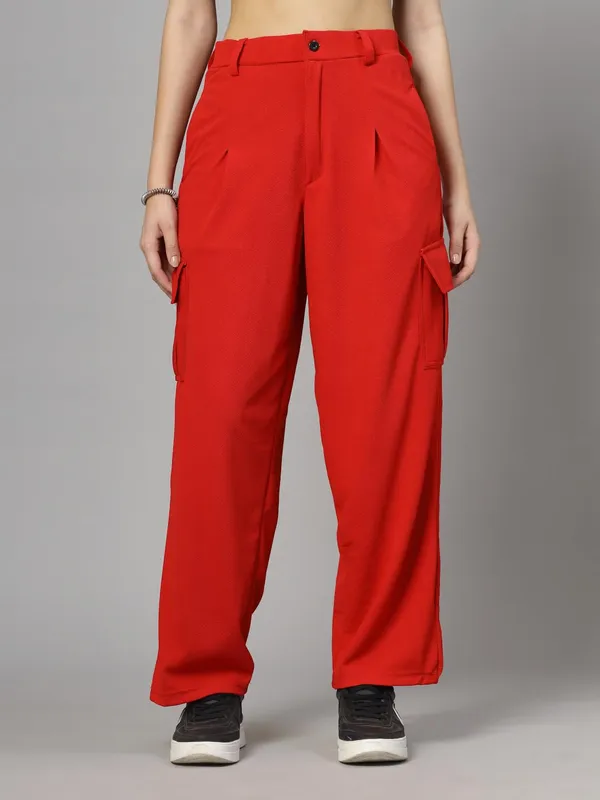 Red_Relaxed_Fit_Cargo_Trouser_4_Pockets_Baggy_Pants_For_Women_&_Girls