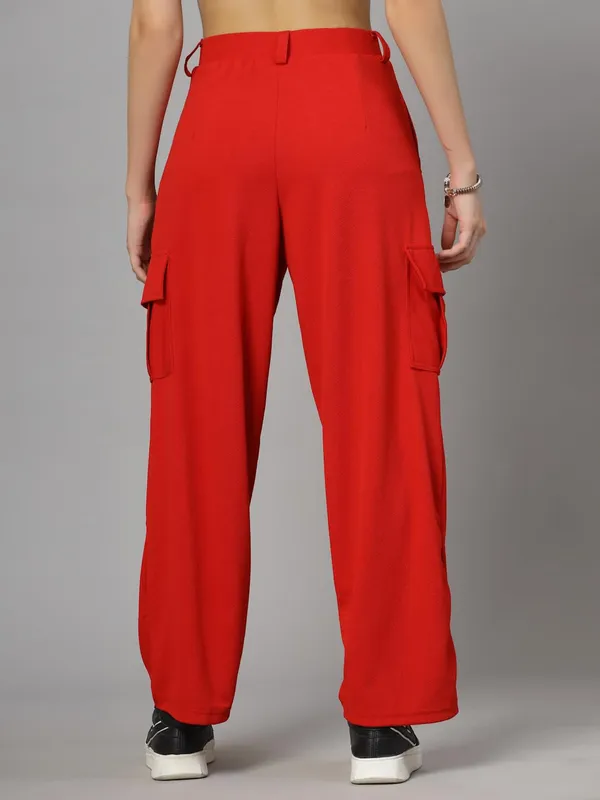 Red_Relaxed_Fit_Cargo_Trouser_4_Pockets_Baggy_Pants_For_Women_&_Girls