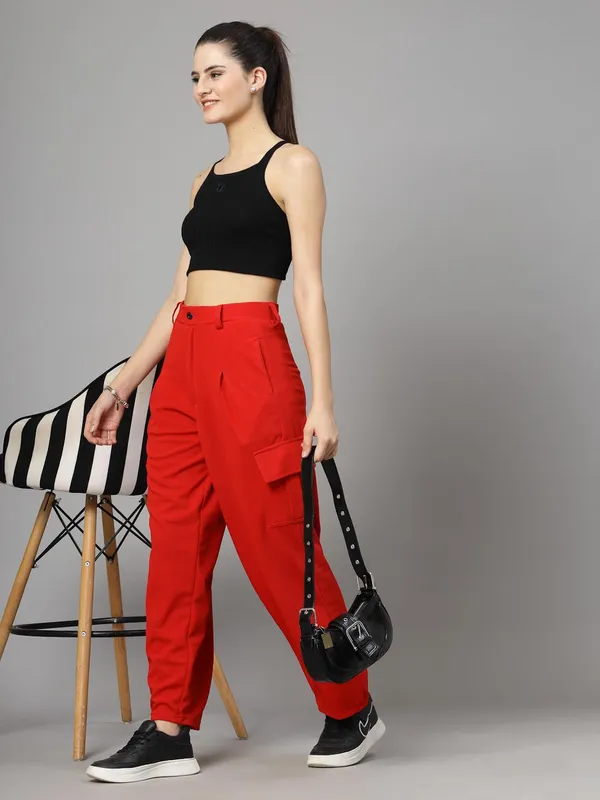 Red_Relaxed_Fit_Cargo_Trouser_4_Pockets_Baggy_Pants_For_Women_&_Girls