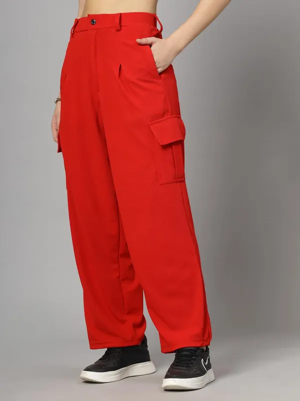 Red_Relaxed_Fit_Cargo_Trouser_4_Pockets_Baggy_Pants_For_Women_&_Girls