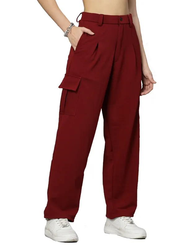 Wine_Relaxed_Fit_Cargo_Trouser_4_Pockets_Baggy_Pants_For_Women_&_Girls