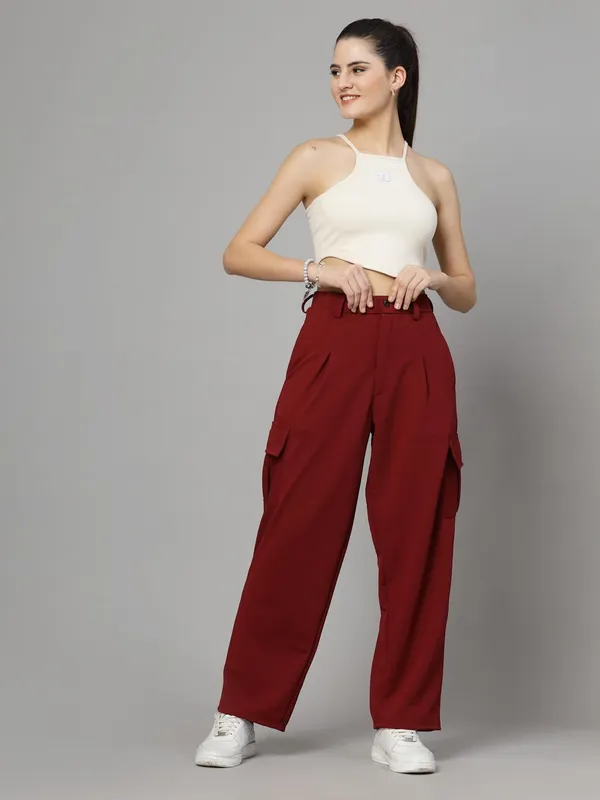Wine_Relaxed_Fit_Cargo_Trouser_4_Pockets_Baggy_Pants_For_Women_&_Girls