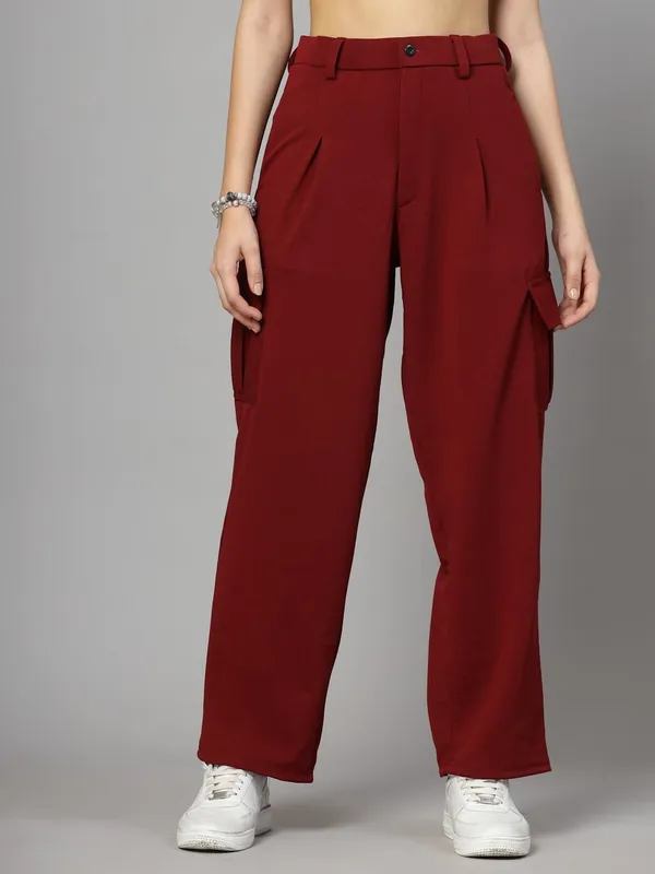 Wine_Relaxed_Fit_Cargo_Trouser_4_Pockets_Baggy_Pants_For_Women_&_Girls