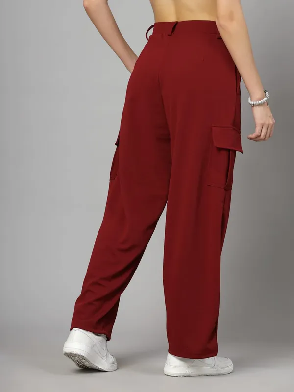 Wine_Relaxed_Fit_Cargo_Trouser_4_Pockets_Baggy_Pants_For_Women_&_Girls