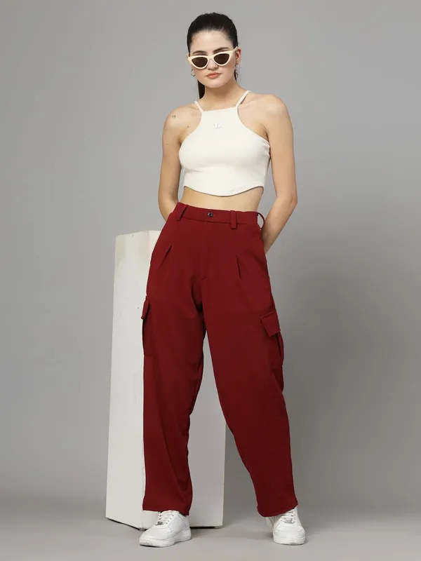 Wine_Relaxed_Fit_Cargo_Trouser_4_Pockets_Baggy_Pants_For_Women_&_Girls