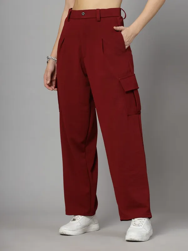 Wine_Relaxed_Fit_Cargo_Trouser_4_Pockets_Baggy_Pants_For_Women_&_Girls