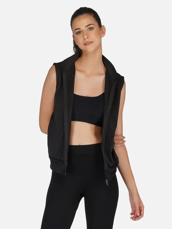 Black_Half_Sleeves_Cotton_Fleece_Premium_Jacket_For_Women_&_Girls