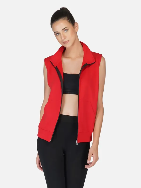Red_Half_Sleeves_Cotton_Fleece_Premium_Jacket_For_Women_&_Girls