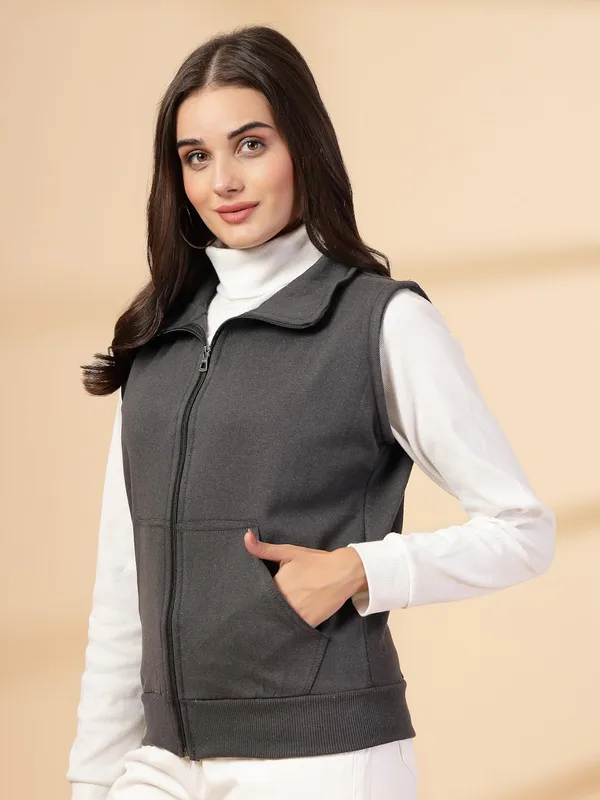 Stone_Grey_Half_Sleeves_Cotton_Fleece_Premium_Jacket_For_Women_&_Girls