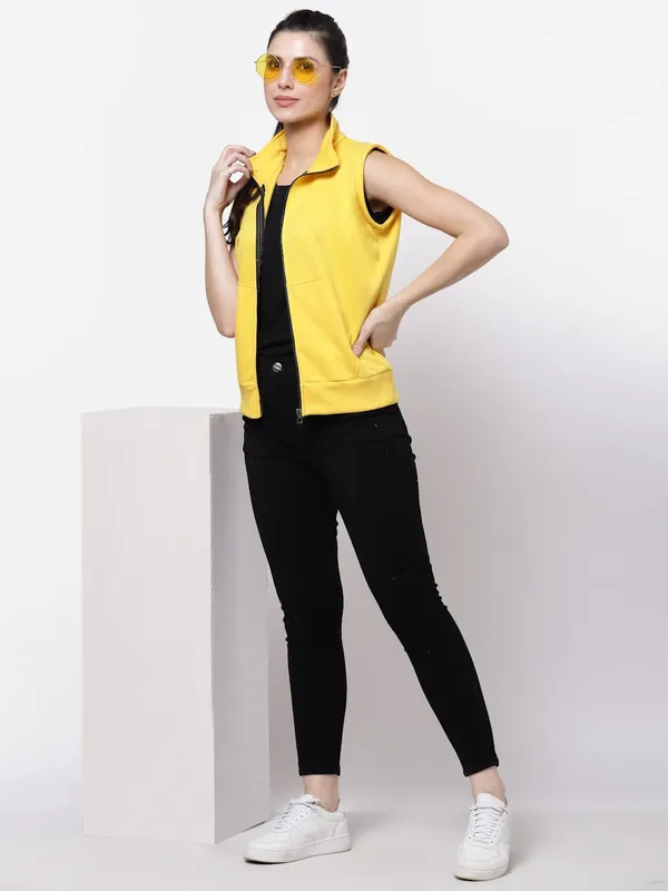 Yellow_Half_Sleeves_Cotton_Fleece_Premium_Jacket_For_Women_&_Girls