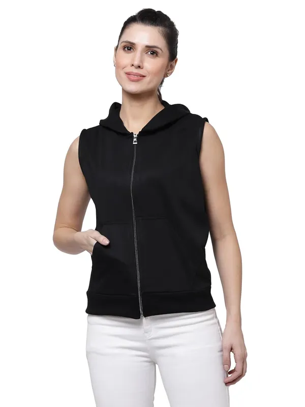 Black_Half_Sleeves_Standard_Length_Cotton_Fleece_Premium_Jacket_With_Hood_For_Women_&_Girls
